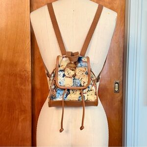 Vintage 90s Mini Teddy Bear Print Drawstring Backpack - Brown and Blue
